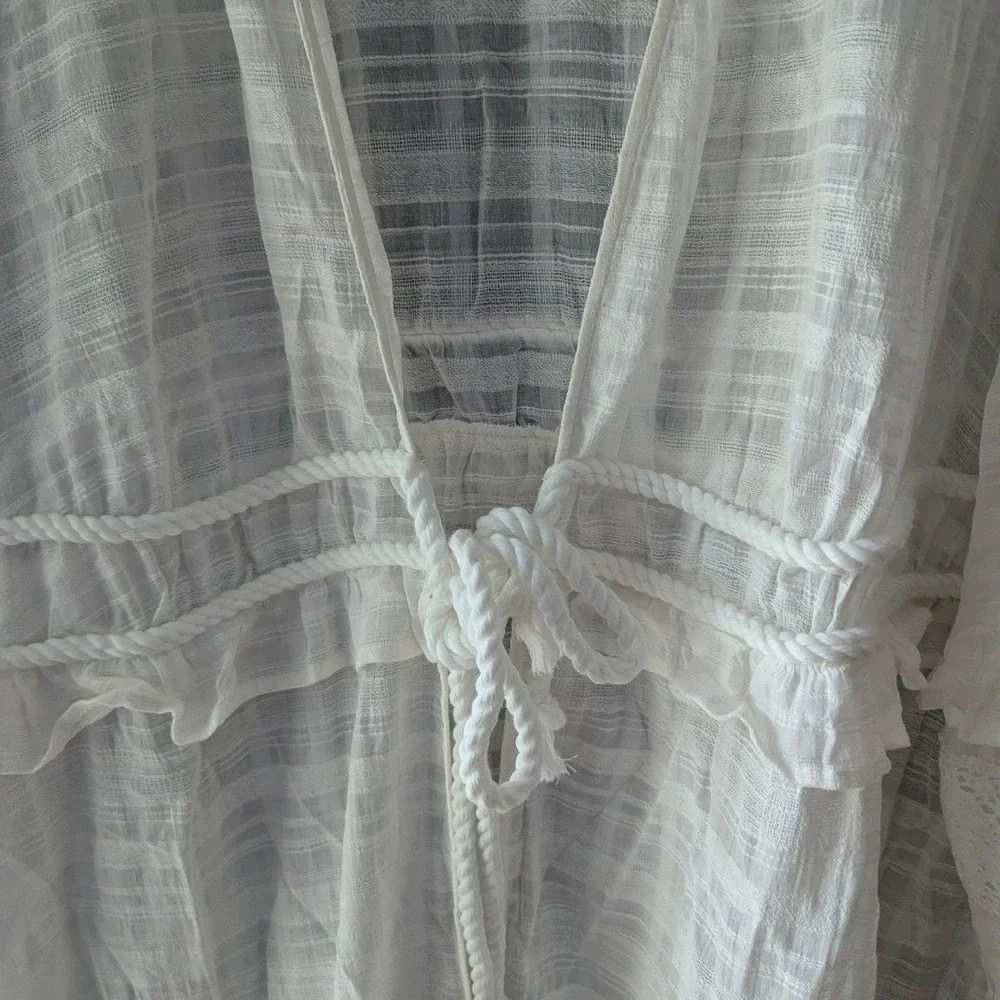White Gauze Kimono Duster Ruffle Lace‎ Rope Tie Sz 3X Longline Fairy Resortwear